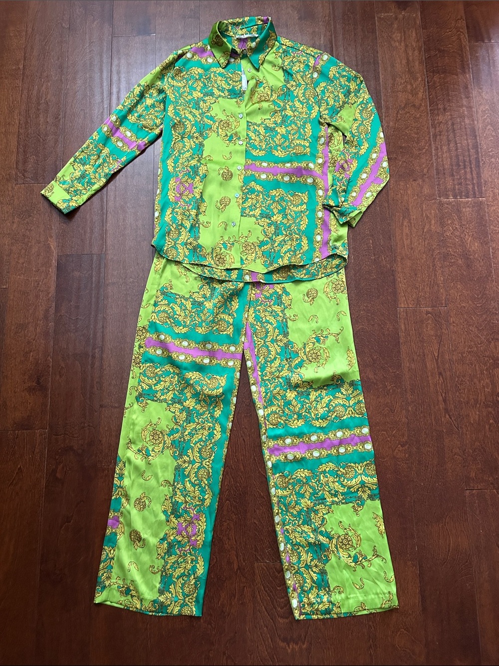 Mango Green Multicolored Baroque Print Satin Pant Set, Size 2, NWT - Picture 4 of 16